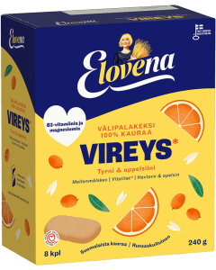 Elovena Välipalakeksi Kaura Vireys Tyrni & Appelsiini Hafer-Keksriegel Sanddorn & Apfelsine