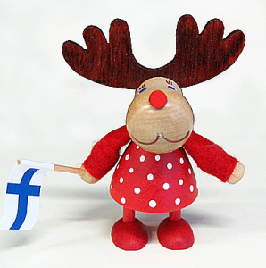 Rentier Suomi-Fan Friida, stehend mit Finnlandflagge