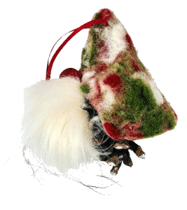 Preview: Hänge-Tonttu aus Tannenzapfen mit rot-weiß-güner Filzmützem roter Nase und weißem Bart